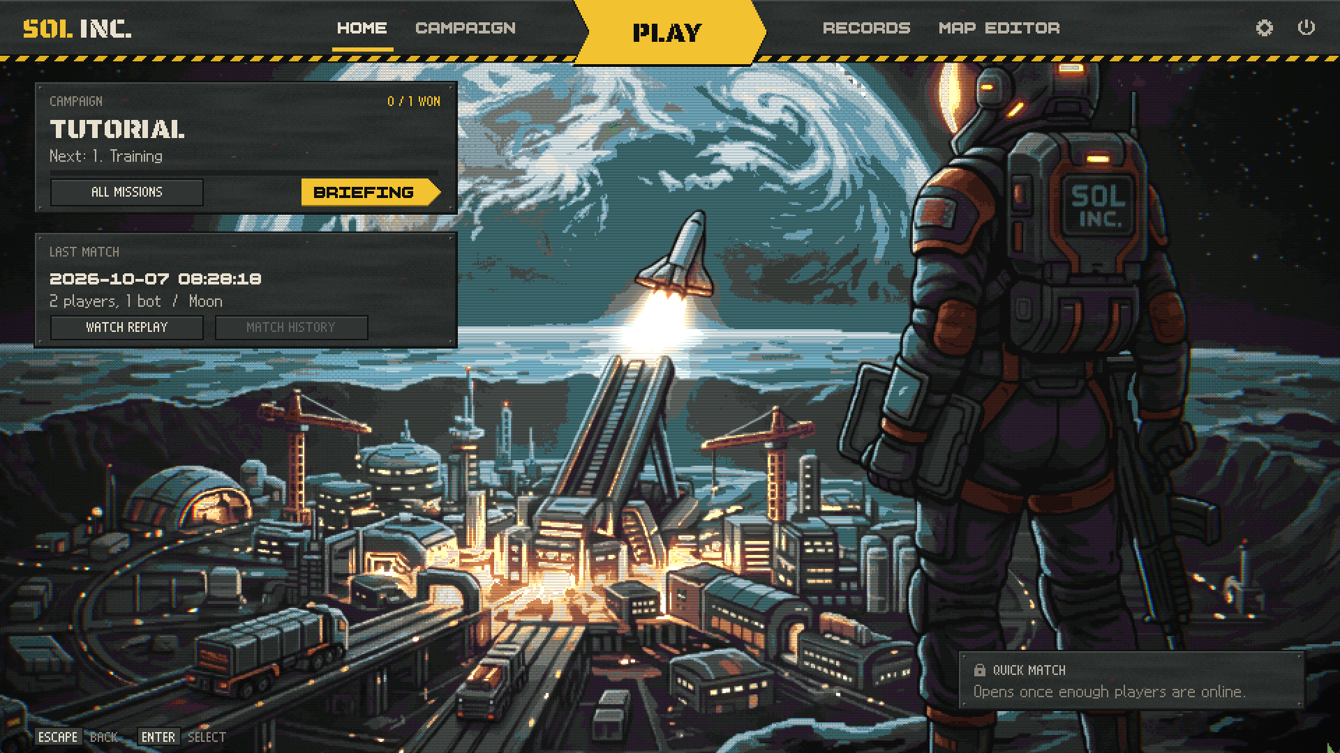 The Sol Inc. home screen, a base on the Moon with Earth overhead